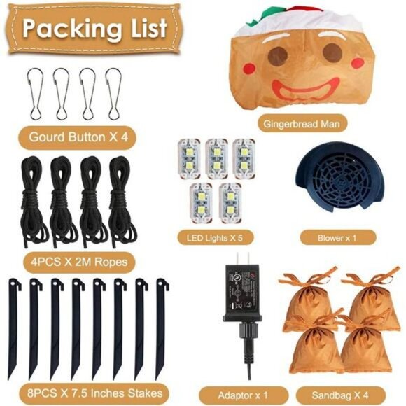 8 Ft Inflatable Gingerbread Man with Built-in 5 Bright LED Lights - Picture 2 of 6